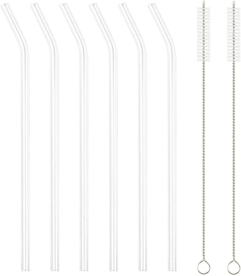 Jia Shu Cheng Glass Straws Clear Bent 9" x 10 mm Drinking Straws Reusable Straws Healthy, Reusable, Eco Friendly, BPA Free(6 Bent + 2 Brushes)