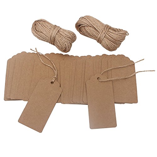 Zicome 200Pcs Kraft Paper Gift Tags for Christmas Presents Wedding Party Favors, 200 Feet Natural Jute Twine Included