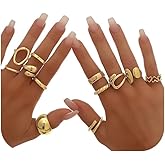 Ofeiyaa 12Pcs Gold Chunky Rings 18K Gold Plated Stackable Open Knuckle Ring Set Hollow Heart Twist Croissant Dome Band Statement Finger Rings for Women Gold Silver Tone Adjustable