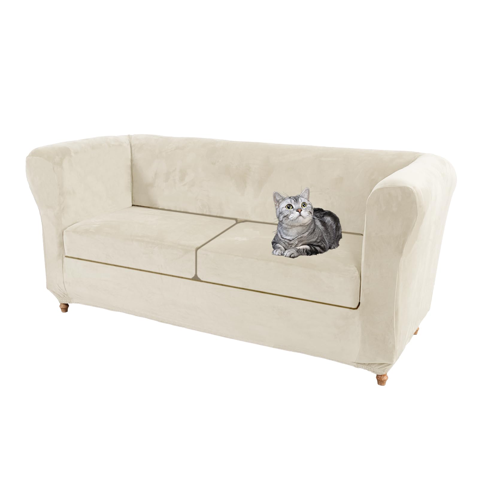 SYLC Velvet Stretch Chesterfield Sofa Cover Couch Cover with Seat Cushion Cover Furniture Protector for Curved Settee Fitted Vintage (Beige,Loveseat+2 Small Seats)