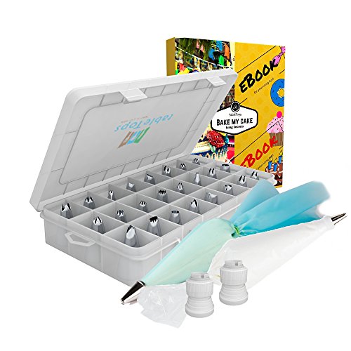 UPC 642872875173, Cake Decoration tips-the ONLY KIT with BONUS Reusable silicone bag-x2 coupler-x10 Disposable icing bags-eBook.37 Baking Tools Supply &amp; Storage Case.Professional Stainless Steel Piping/Dispenser Nozzle