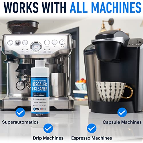 Coffee Machine Descaler - 2 Uses - Descaling Solution for Nespresso Breville Keurig Jura & More - USA Made Cleaner For All Coffee Machines, Glass Pot Cleaner and Espresso Makers