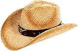 Simplicity Western Cowboy Straw Hat Leather Band Turquoise Jewel, Beige Bull