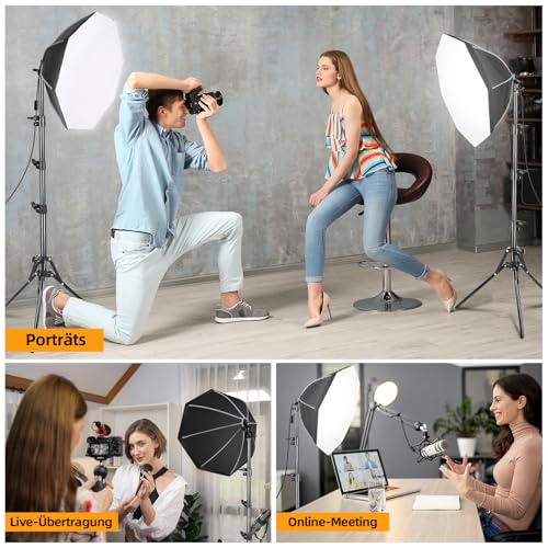 LED Softbox Octagonal 3000-6500K, Light Box with 3 Color Modes Adjust with Remote Control, 2 x 50 cm Lights for Photography with Folding Stand of 1.5 m, Studio Photography and Interviews