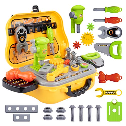 UNIH Kids Tool Sets for Boys Age 24 Childs Carpenter Preschool Fixing Tool Kit with Yellow Box
