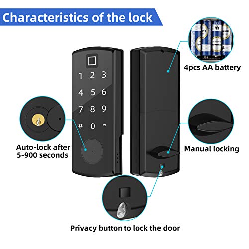 5-in-1 Fingerprint Lock, Wandwoo Smart Door Lock with Bluetooth Secure Finger ID Card Swipe Mechanical Keys Enabled Anti-peep Code Auto Lock Free APP for Home Office