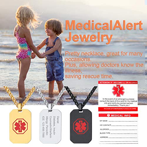 Supcare Personalized Medical Alert ID Tag Necklace Jewelry for Women/Men/Kids, Medical Emergency Identification Dog Tag Necklace Stainless Steel 18K Gold Plated
