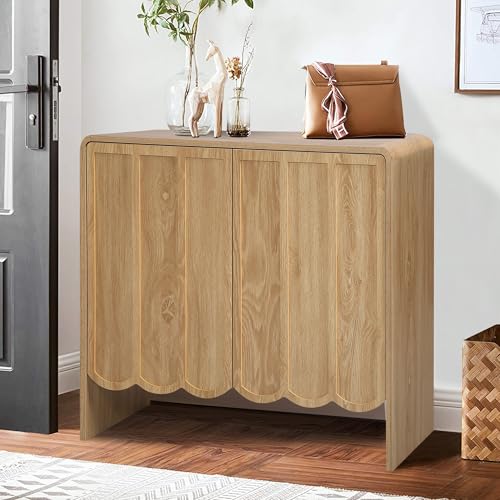 ORRD Accent Sideboard Buffet Cabinet, Storage Cabinet with 2 Doors, Farmhouse Wood Cabinet with Adjustable Shelves and Wave Panel for Living Room, Dining Room, Entry - Natural