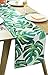 BOXAN Classic White Linen Burlap Table Runner with Green Tropical Monstera Palm Leaves for Spring Summer Wedding Party Birthday Party Home Decor, Hawaii Luau Party Decor, 12x72 inch