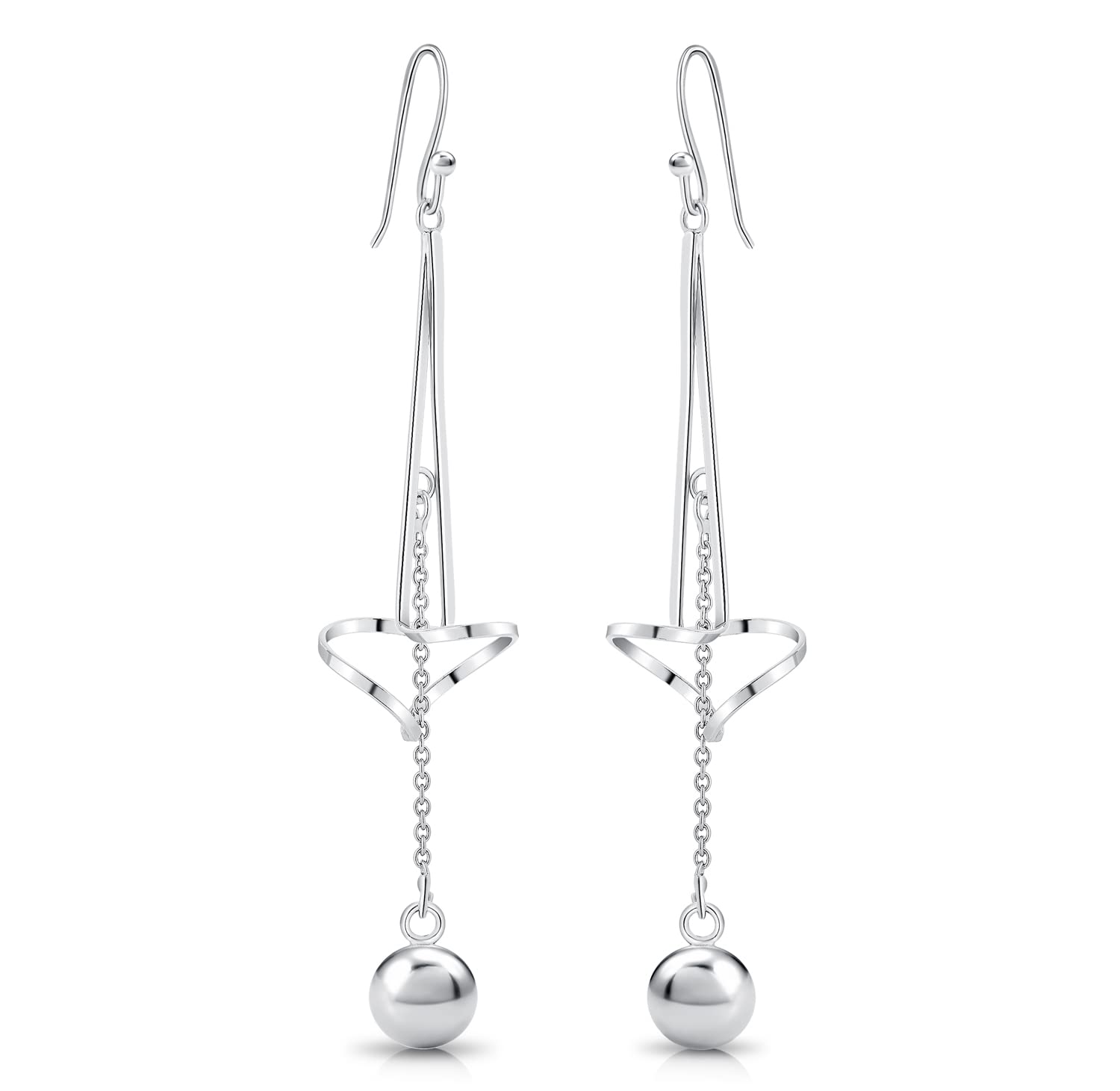 DTPSilver - 925 Sterling Silver Rodium Plated Long Dangling Ball Earrings