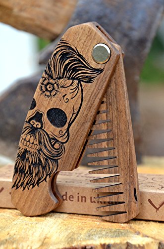 Beard Comb for Men - Pocket Folding Combs for Mustache & Hair. Travel, Natural Wooden Comb with Skull Engraving - Perfect for Use w/Beard Balm, Oil