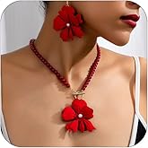 LNNVKRV Flower Earrings Necklace Set for Women Unique Red Bead Large Flower Pendant Necklace Earring Set Trendy Wedding Brides Bridesmaids Statement Jewelry Set for Women
