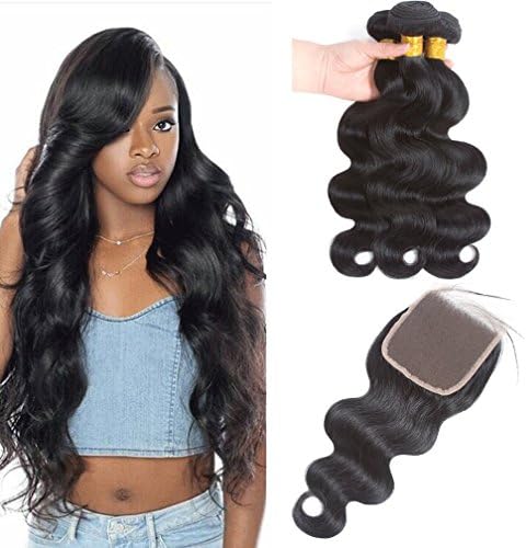 HairUGo Brazilian Virgin Hair with Closure 3pcs Human Hair Bundles with 1pc Lace Closure Brazilian Body Wave with Closure Lace Top Closure (10 12 14 with 8 Free Part Closure)