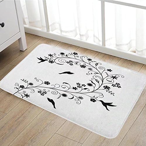 Black and White door mats for home Victorian Curves Swirls with Bird Silhouettes Monochrome Flora and Fauna Bath Mat Bathroom Mat with Non Slip16"x24" Black White