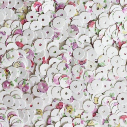 5mm Flat Round SEQUIN PAILLETTES ~ Spring Flowers Petite Fleur Floral Print on White ~ Loose sequins for embroidery, bridal, applique, arts, crafts, and embellishment. Made in USA.
