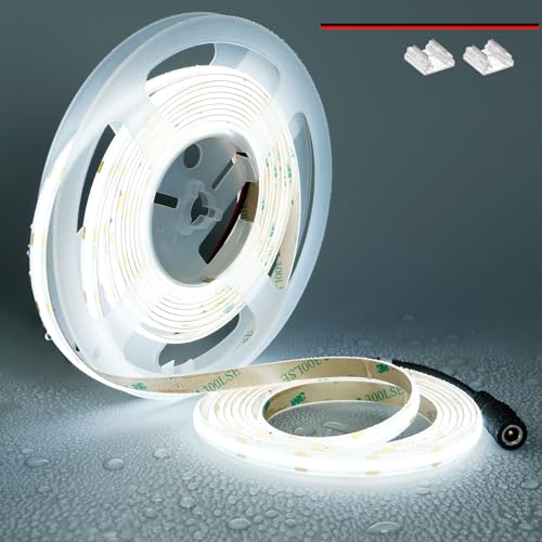 TOPAI COB LED Strip 12 V Cool White Outdoor Waterproof IP65, 5 m 6000 K LED Strip, Can Be Cutted, CRI>90, 480LEDs/M High Density, Width 8 mm for Kitchen, Cabinet, Home Decoration