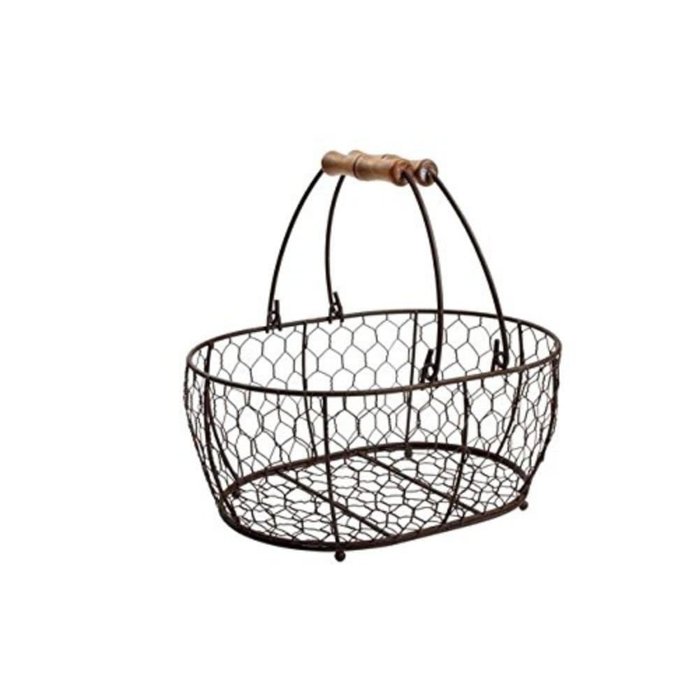 T&G Woodware 23006 Provence Wireware Medium Oval Basket with Aged Wooden Handles, Rustic Brown, 29.5 x 21.5 x 12.7 cm, 6