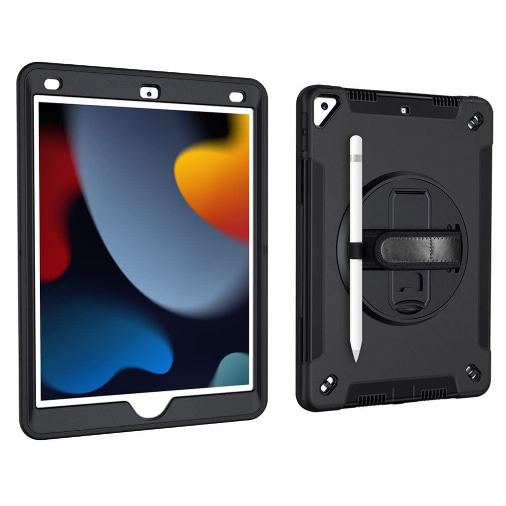 Case for iPad 10.2 Inch 9th/8th/7th gen 2021/2020/2019 with 3-in-1 design, Minimalist shockproof case with pen hanging and 360 degree rotatable stand wrist strap, Black
