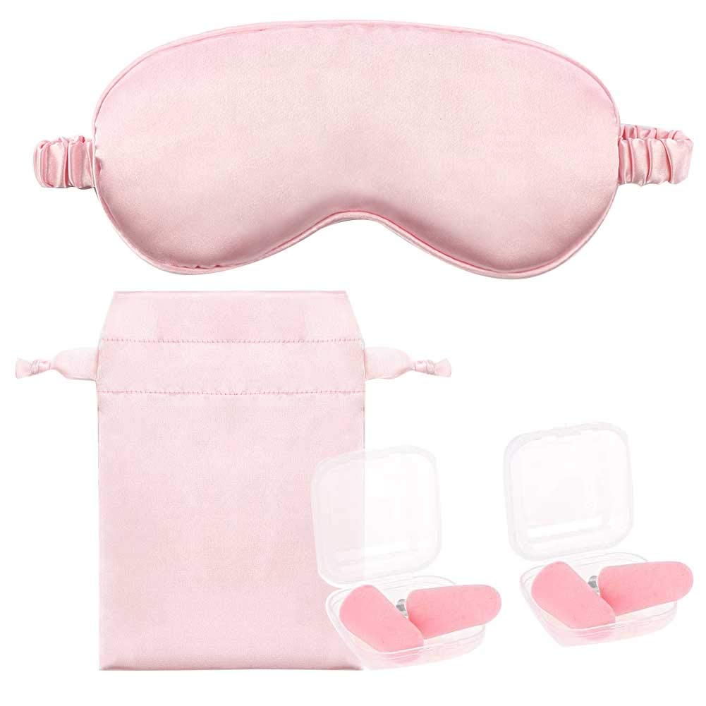 Pink Sleep Eye Mask Silk Sleep Mask Ultra Soft Blindfold Breathable Eye Cover Sleeping Mask Eyeshade with Elastic Strap and Ear Plug for Men Women Kids Night Sleeping Travel Nap Mothers Day Presents