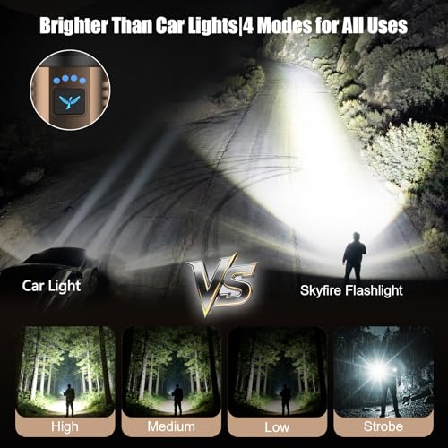 SKYFIRE Linternas LED Alta Potencia Recargable, Linterna Potente 900000 Lumen con Lente de Encendido & 3 Filtros, 10000mAh Zoomable USB-C 4 Modos IPX6 Impermeable, para Camping Montaña Regalo