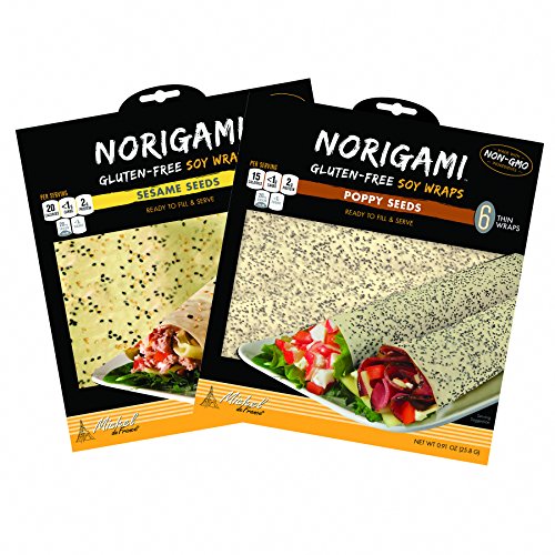 Norigami Non-GMO Gluten-Free Soy Wraps Sesame Seeds and Soy Wraps Poppy Seeds (6 Wraps Per Pack), Low Carbs, High Protein, Vegetarian, Ready To Fill And Serve Wraps, Thin And Healthy Wraps (2 Packs)