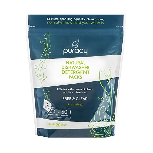 Puracy Dishwasher Pods, 50 Count, Natural Dishwasher Detergent, Free