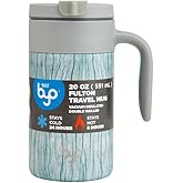 Byo 20 Oz Stainless Steel Insulated Mug - Reusable Drinkware with Handle, Leak-Proof Lid, Wide Mouth Opening, Thermal Commuter Cup for Hot or Cold Drinks, Great for Gym, School, Office (White Wood)