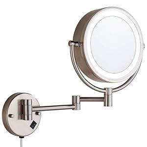 Cavoli Wall Mounted Makeup Mirror with LED Lighted 10x Magnification, 13" Extension Arm Magnifying Vanity Mirror,Brush Nickel Finish