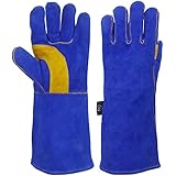 KIM YUAN Extreme Heat/Fire Resistant Gloves Leather with Kevlar Stitching, Mitts Perfect for Welding/Oven/Grill/BBQ/Mig/Fireplace/Stove/Pot Holder/Tig Welder/Animal Handling, (14in-blueyellow)