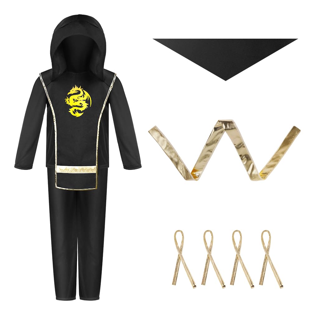 AOOWU Black Ninja Costumes Set with Foam Accessories Toys Kung Fu Outfit Halloween Christmas Dress Up Cosplay Party Costume Boy Girls 8-10yr (M)
