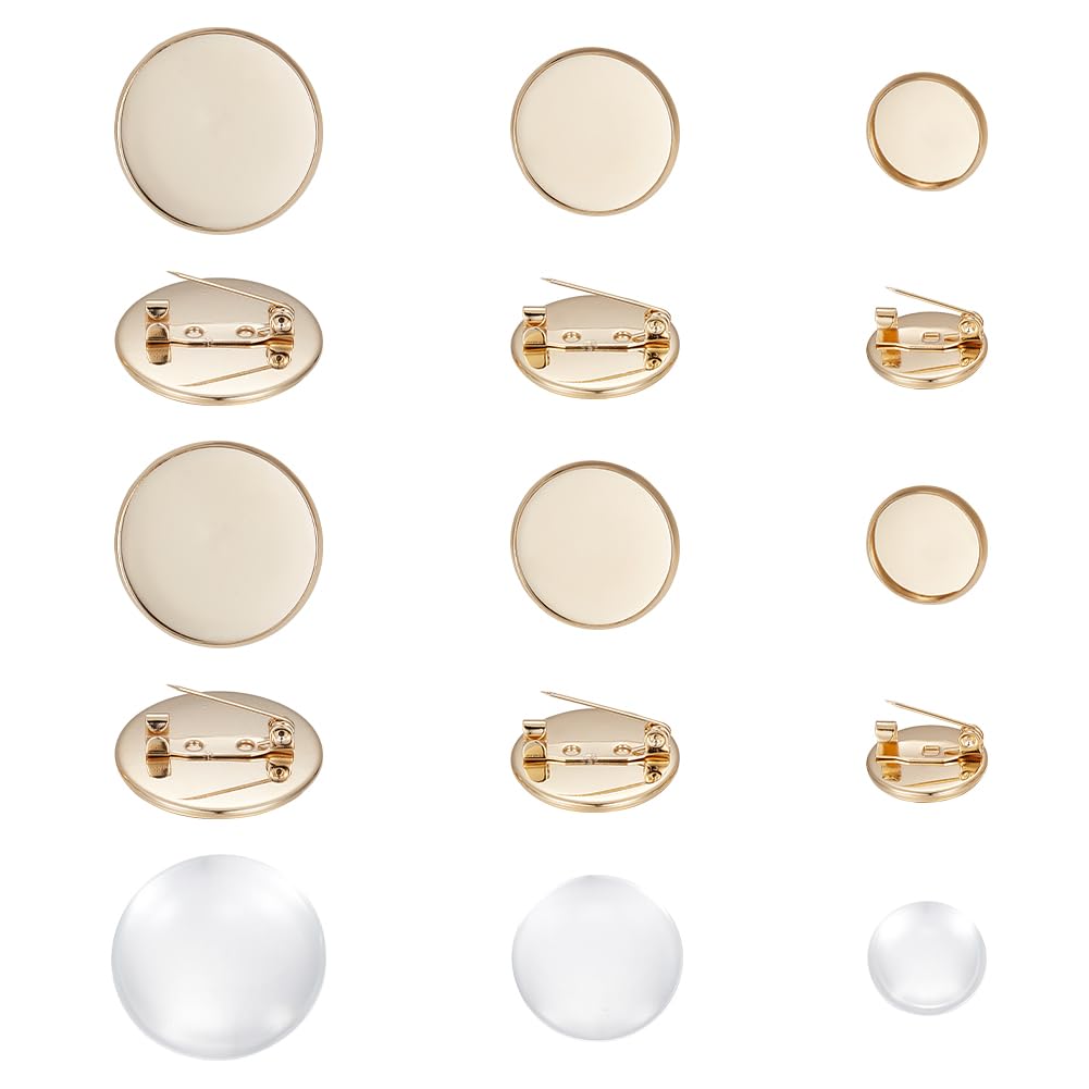 UNICRAFTALE 30pcs 14~25mm Golden Flat Round Brooch Pin with Glass Cabochons 304 Stainless Steel Brooch Bezel Trays DIY Brooch Making Kits for Badge Corsage Name Tags DIY Jewelry Making