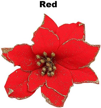 topbuyer Christmas Tree Flowers Poinsettia Glitter Ornament Xmas Gift DIY Artificial Decor Party Supplies Home Decoration 8pcs 13cm(Red)