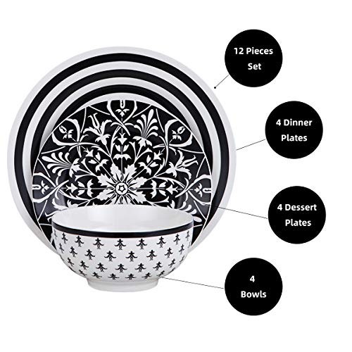 12 Piece Dinnerware Set,Floral Round Dinnerware Set Services for 4,Black - Thumbnail 2