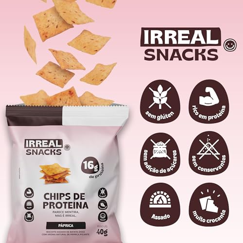 Irreal Snacks, Snack Proteico Salgado, Sabor Páprica, 40g, Feito com Batata Doce, Caseinato de Cálcio e Proteína de Arroz