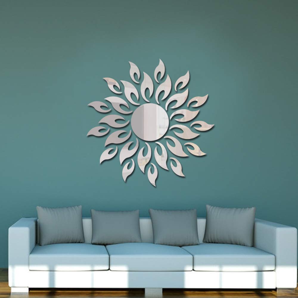 JUMRHFAN 3D Sunflower Mirror Wall Stickers Round Acrylic Living Room Bedroom TV Background Wall Decals Marriage Room Entrance Home Decor (Silver) — image 1