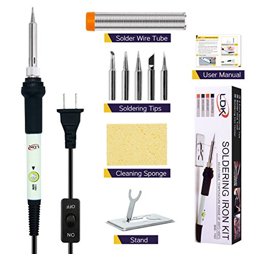 LDK Soldering Iron Kit Electronics, 60W 110V Adjustable Temperature Welding Tool, 5pcs Tips, Stand, Cleaning Sponge, Solder Wire and User Manual for Variously Repaired Usage(9-in-1)