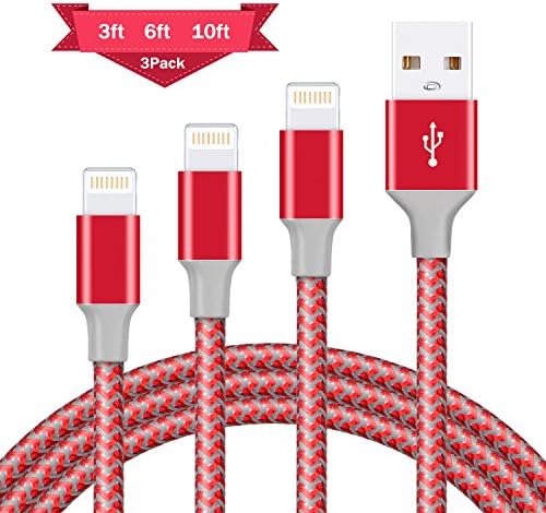 iPhone Cable 3Pack (3ft 6ft 10ft) Elktry Reflective Lighting Charger Cable 8 Pin Premium Nylon Braided Charging Cord for iPhone 7 7 Plus 6 6s 6 Plus 5 5s 5c SE iPad Mini iPod Touch ( Passionate Red )