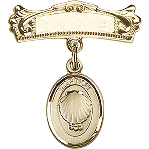 14kt Yellow Gold Baby Badge with Baptism Charm and Arched Polished Badge Pin 7/8 X 3/4 inches