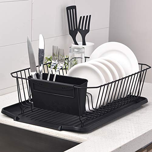 ENGELCH Matte Black Rust-Proof Kitchen Draining Dish Drying Rack, Dish Rack With Black Drain Board, 1 Wide Tableware Rack and Knife Holder Accessory