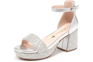 LAURMOSA High Heels for Kids Sandals Big Girls Dress Shoes Flower Girl Shoes for Wedding Party Pageant Round Open Toe Ankle Strap Dress Sandals Platform Heels Chunky Pumps for Little Big Kids