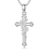 CTIEIP Flower Cross Necklace for Women with Diamonds 925 Sterling Silver 12 Month Birth Flower Necklace Mother's Day Birthday Jewelry Gift