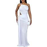 Ptorlio Womens Summer Maxi Dress Sexy Party Vacation Bodycon Ruched Backless Stretchy Asymmetrical Long Dresses