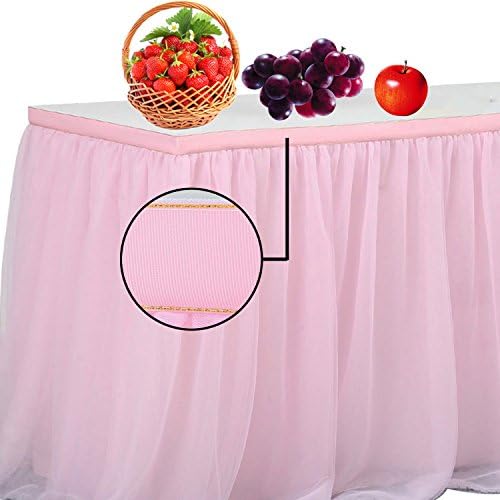 3 Yards Handmade Gold Brim Top 3 Layers Fluffy Tulle Tutu Table Skirt Mesh Tableware For Party Wedding Birthday Home Decoration (3yd Lx30in H, Pink)