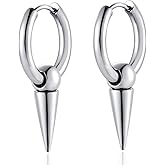 BIYONGDE Dangling Spike Cone Huggie Hinged Hoop Earrings for men, Stainless Steel, Cool Punk Rock Hip-pop Style