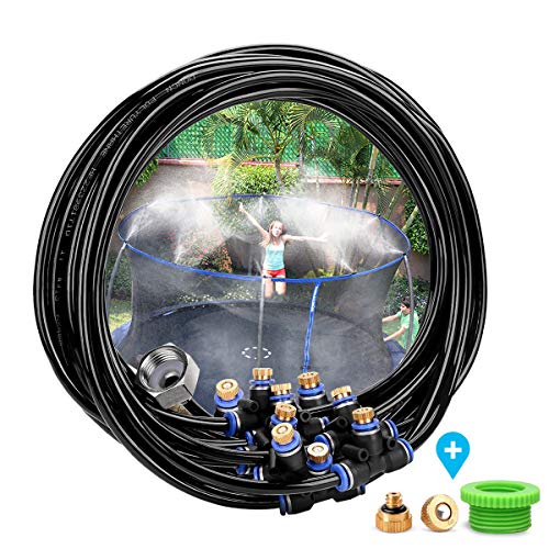 Outdoor Patio Cooling Mist System, 1/4-inch 26.2FT (8M) Misting Line, 9 Brass Mist Nozzles,Metal Brass Adapter(3/4") for Garden Greenhouse Trampoline