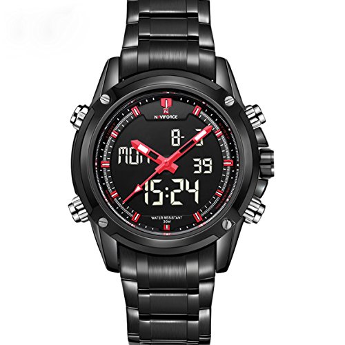 luxury NAVIFORCE Men's Analog Digital Waterproof Casual Army Military Sports Watch (black red)