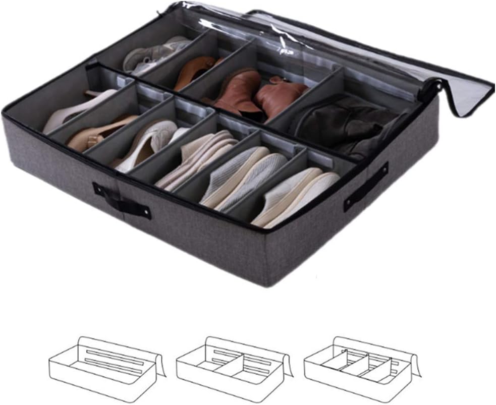 UnderBed Shoe Organiser,Underbed Shoe Storage Bag with Clear Lid,Large Heavy Duty,/Foldable/Built-in Stable Structure 12 Pockets for Shoes, Clothes, Toys, Grey Underbed or Closet
