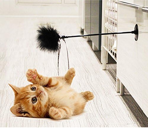 PetDroid Cat Feather Toy,Interactive Cat Teaser Wand Toy with Sucker,Bell and Ribbon(Black)