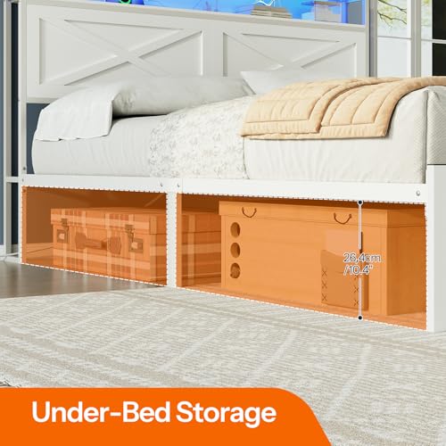 HOOBRO Full Size Bed Frame, Bed Frame with Charging Station and LED Lights, Headboard with Shelves, Heavy Duty Metal Frame, Noise-Free, Easy Assembly, No Box Springs Needed, White WT01UDBF01