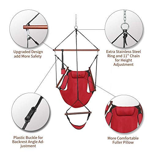 ONCLOUD Upgraded Unique Hammock Hanging Sky Chair, Air Deluxe Swing Seat with Rope Through The Bars Safer Relax with Fuller Pillow and Drink Holder Solid Wood Indoor/Outdoor Patio Yard 250LBS (Red) - Thumbnail 2